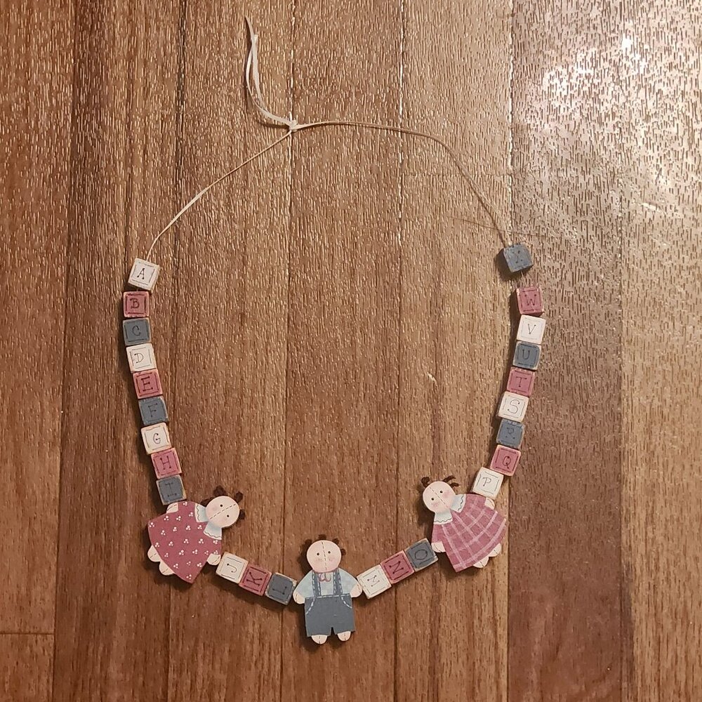 Handmade Wooden Alphabet Letter Block Garland Necklace with Ragdoll Boy & Girl